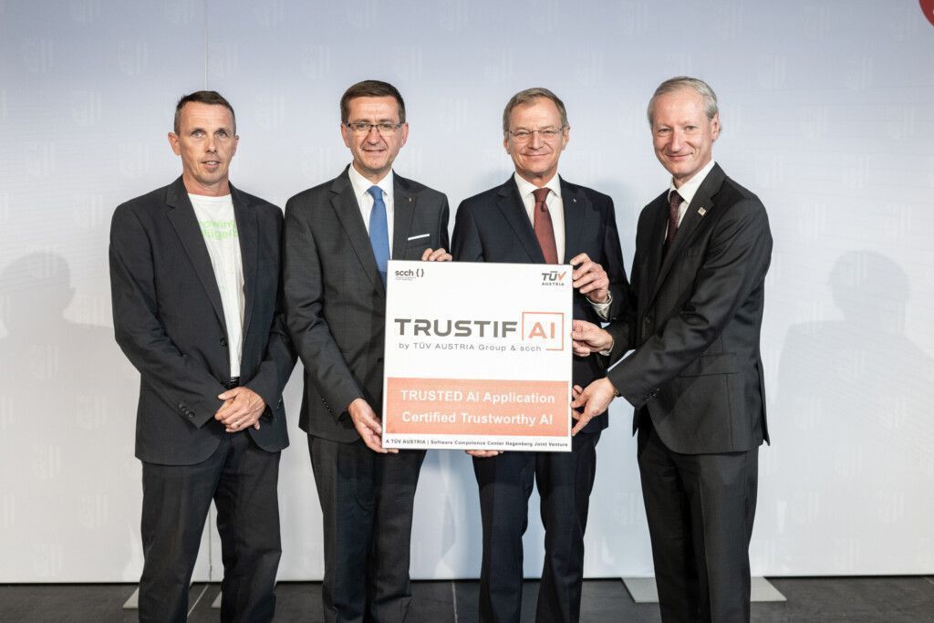 Left to right: Dipl.-Ing. Dr. Bernhard Nessler (Research Manager Deep Learning and Certification SCCH), Dipl.-Umweltwiss. Mag. Markus Manz (CEO Software Competence Center Hagenberg (SCCH)), Economic Affairs and Research Provincial Councillor Markus Achleitner, Governor of Upper Austria, Mag. Thomas Stelzer, DI Dr. Stefan Haas (CEO TÜV AUSTRIA) and Dipl.-Ök. Thomas Doms (Managing Director TRUSTIFAI) (c) Land OÖ/Peter Mayr